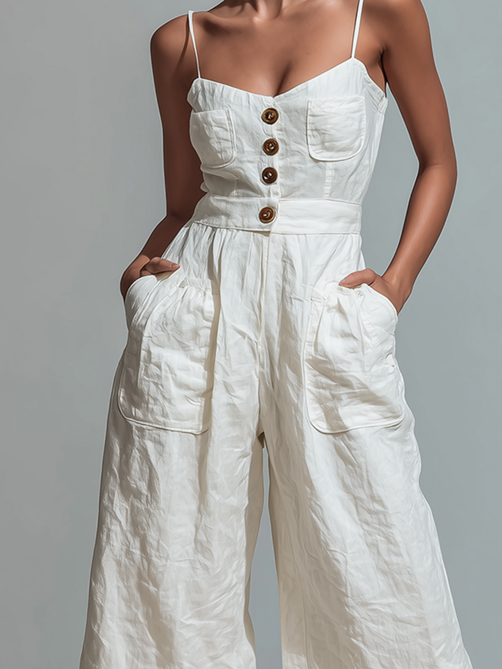 Chic Casual White Spaghetti Straps Button-Front Sleeveless Patch Pocket Cropped  Wide Leg Crinkled Cotton Blend Jumpsuit