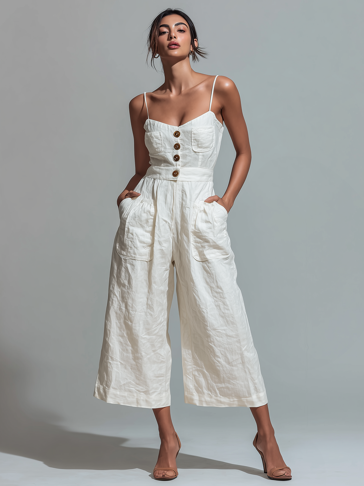 Chic Casual White Spaghetti Straps Button-Front Sleeveless Patch Pocket Cropped  Wide Leg Crinkled Cotton Blend Jumpsuit