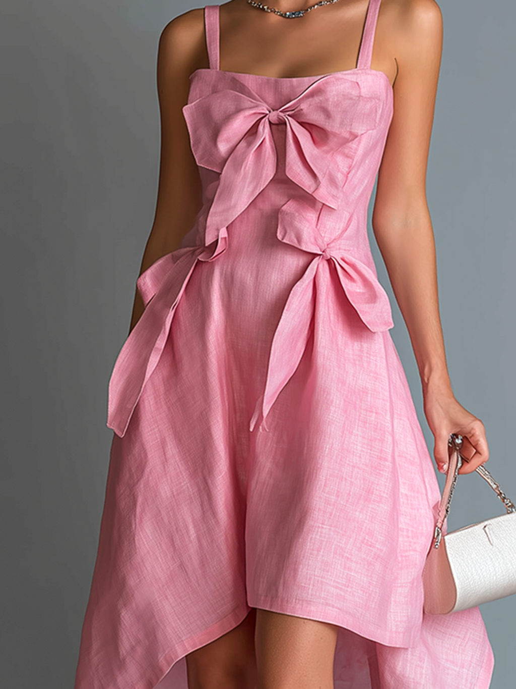 Chic Elegant Pink Strappy Bow-Detail Sleeveless High-Low Asymmetrical Hem Party Cotton-Linen Blend Midi Dress