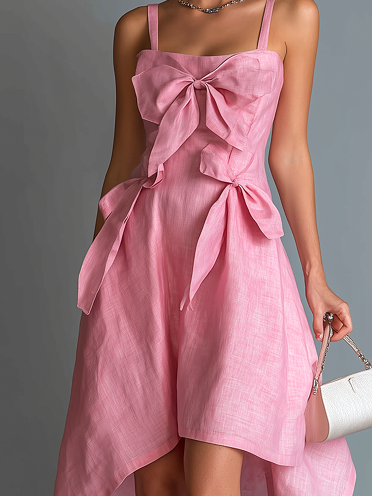 Chic Elegant Pink Strappy Bow-Detail Sleeveless High-Low Asymmetrical Hem Party Cotton-Linen Blend Midi Dress