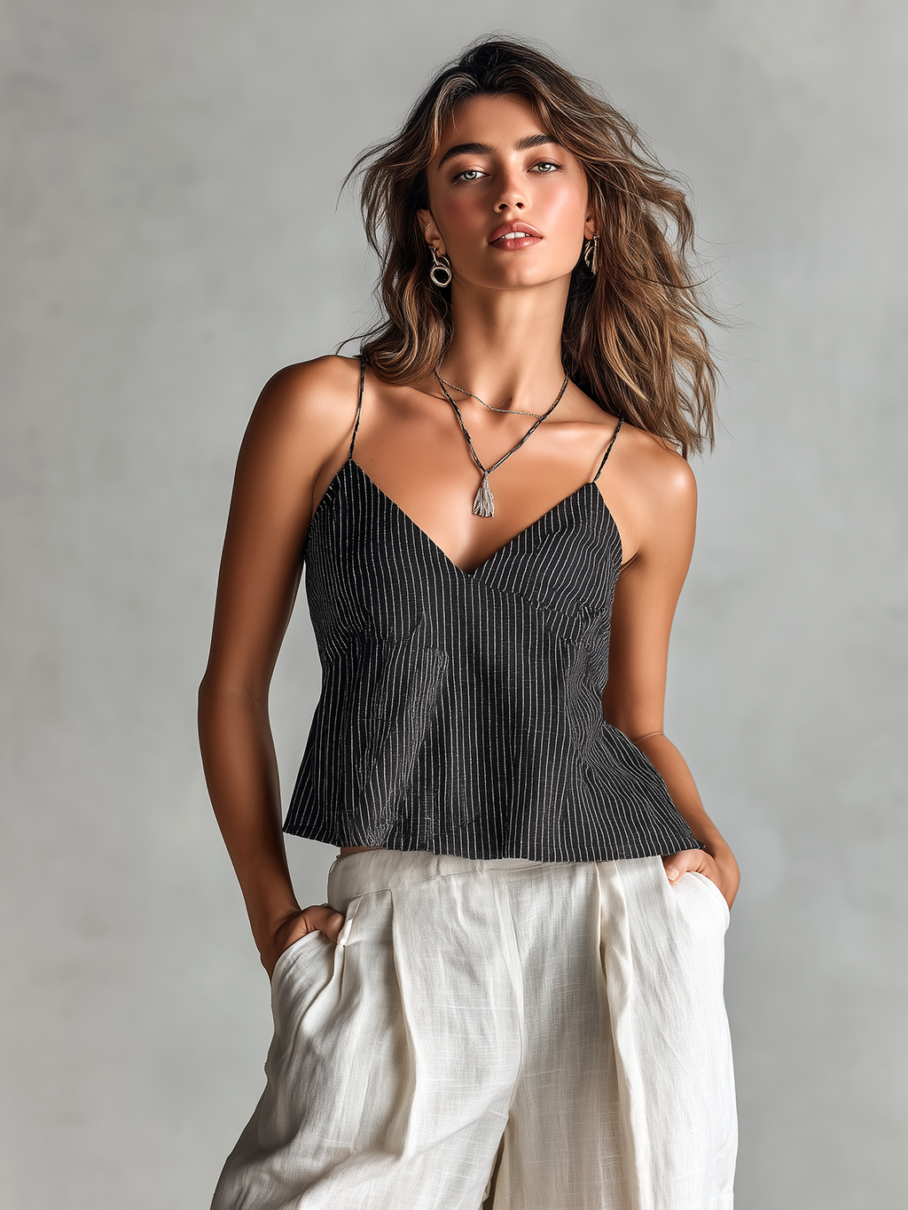 Chic Elegant Black-White Stripes Spaghetti Straps V-Neck Sleeveless Loose-Fit Cotton-Linen Blend Camisole