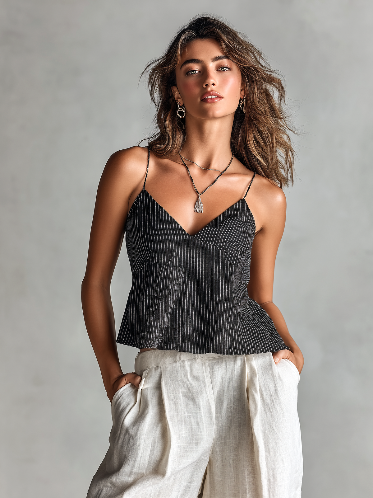 Chic Elegant Black-White Stripes Spaghetti Straps V-Neck Sleeveless Loose-Fit Cotton-Linen Blend Camisole