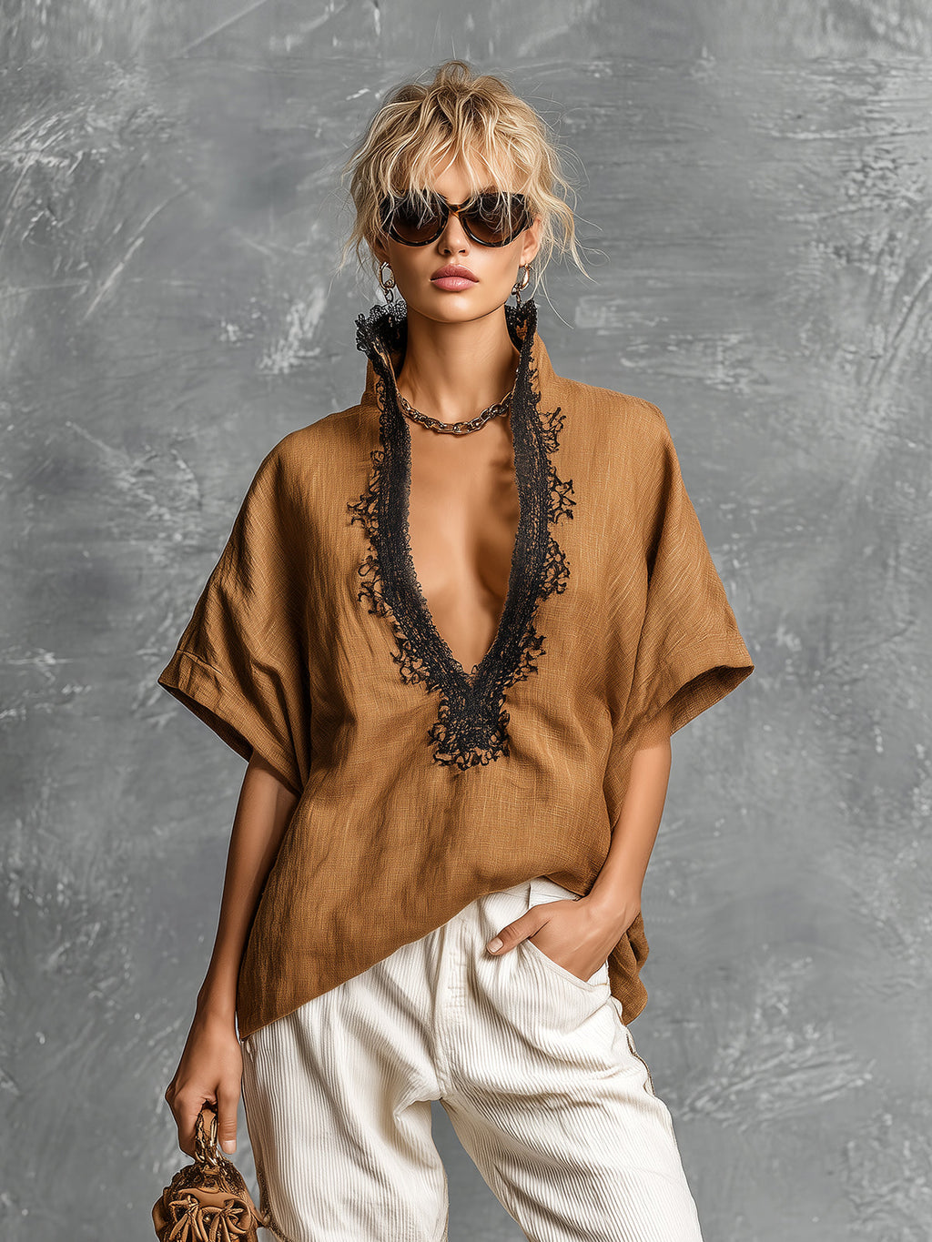 Chic Elegant Brown Linen Blend Stand Collar V-Neck Short-Sleeve Lace Trim Detail Loose-Fit Shirt
