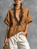 Chic Elegant Brown Linen Blend Stand Collar V-Neck Short-Sleeve Lace Trim Detail Loose-Fit Shirt