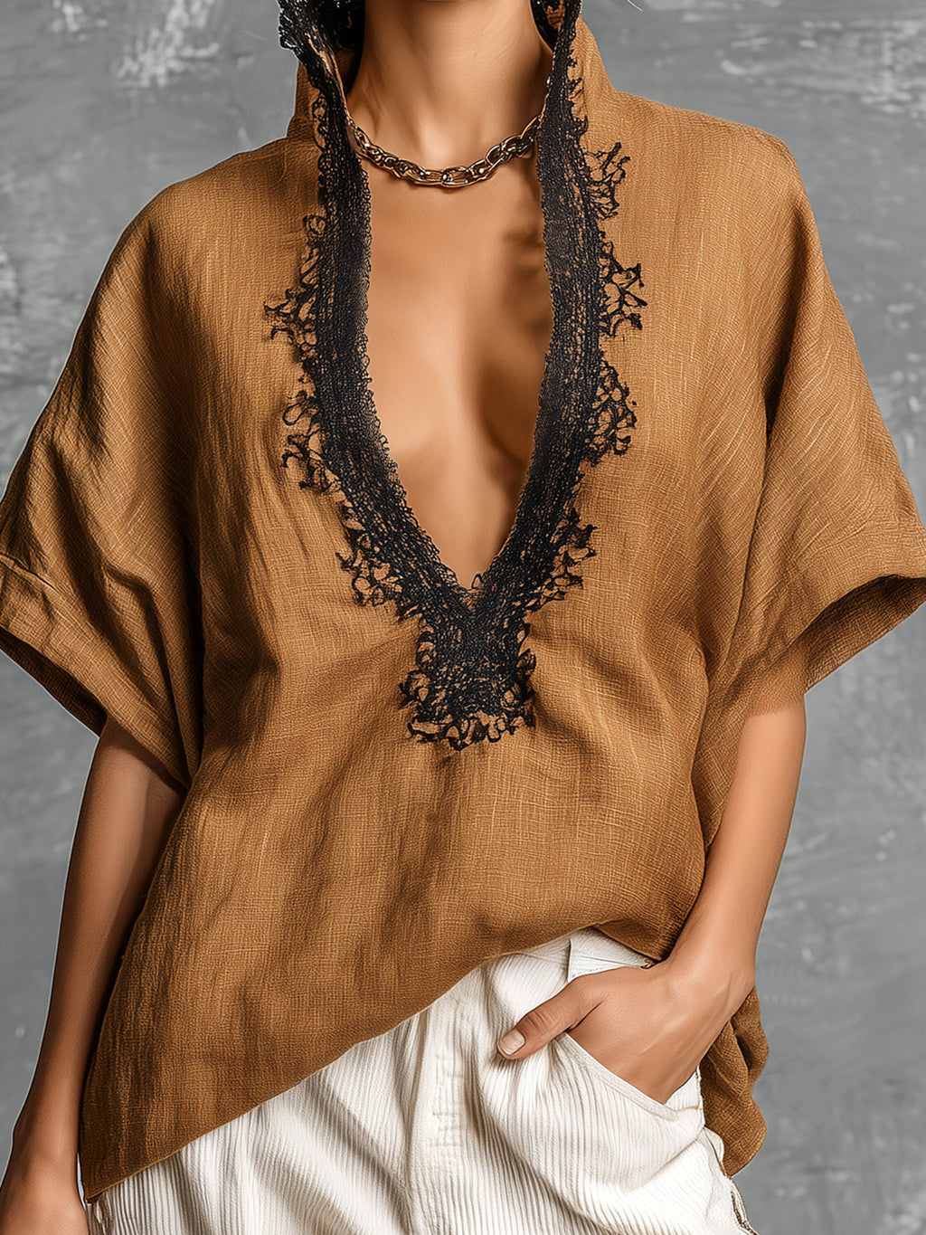 Chic Elegant Brown Linen Blend Stand Collar V-Neck Short-Sleeve Lace Trim Detail Loose-Fit Shirt