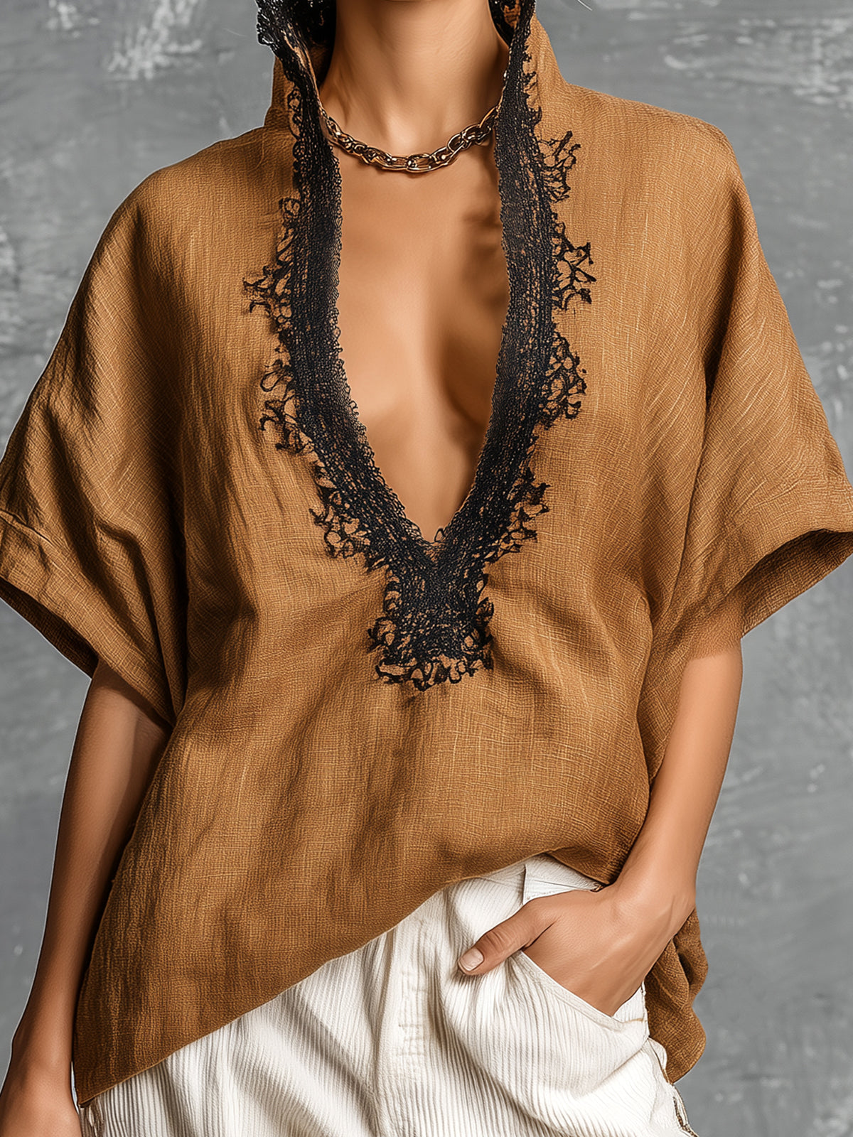 Chic Elegant Brown Linen Blend Stand Collar V-Neck Short-Sleeve Lace Trim Detail Loose-Fit Shirt