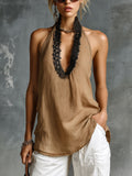 Chic Elegant Brown Linen Blend Halter V-Neck Sleeveless Lace Trim Detail Loose-Fit Tank Top