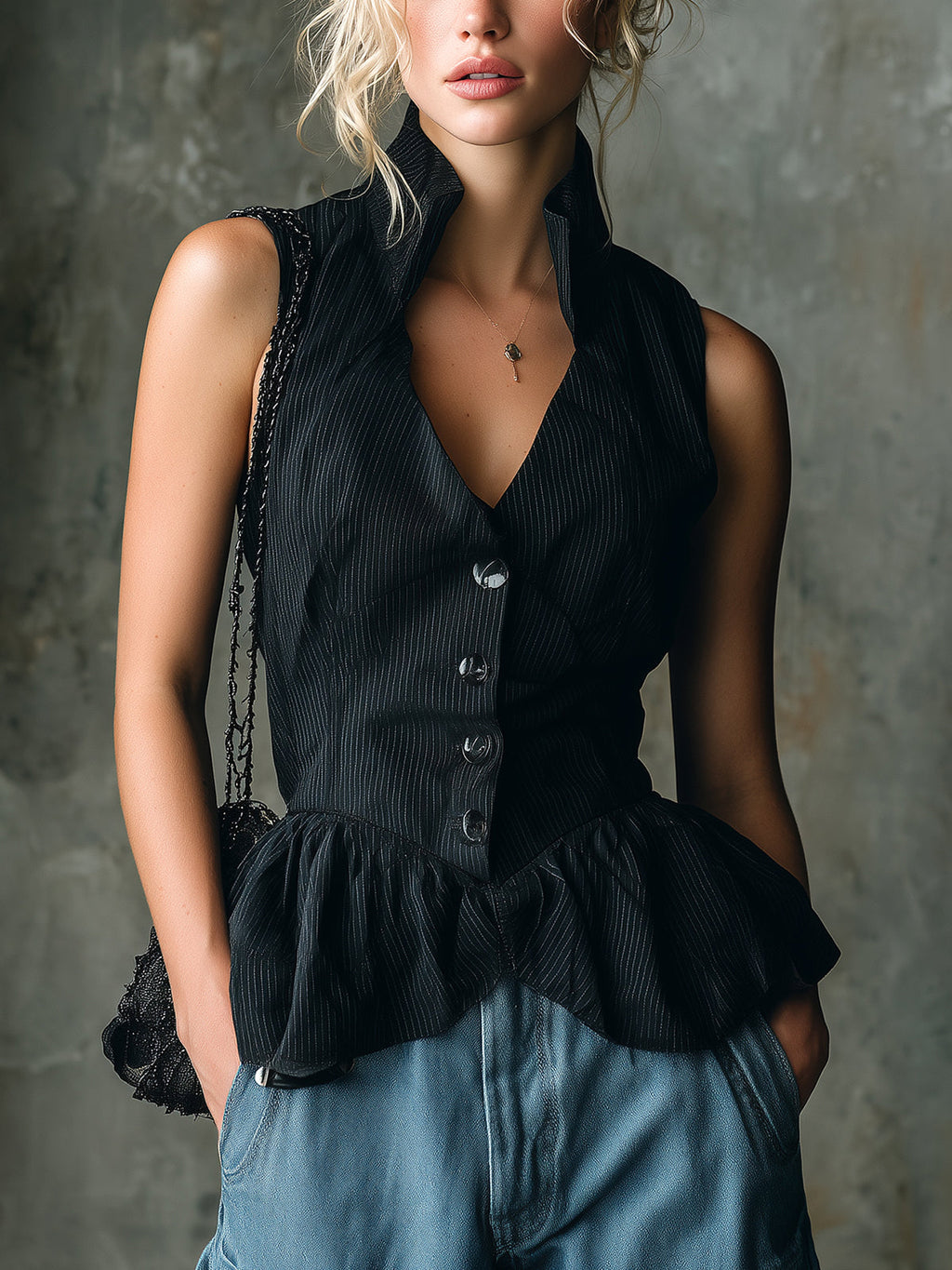 Chic Elegant Black Stripes Cotton-Linen Blend Stand Collar V-Neck Sleeveless Single-Breasted Ruffled Hem Slim-Fit Vest Top