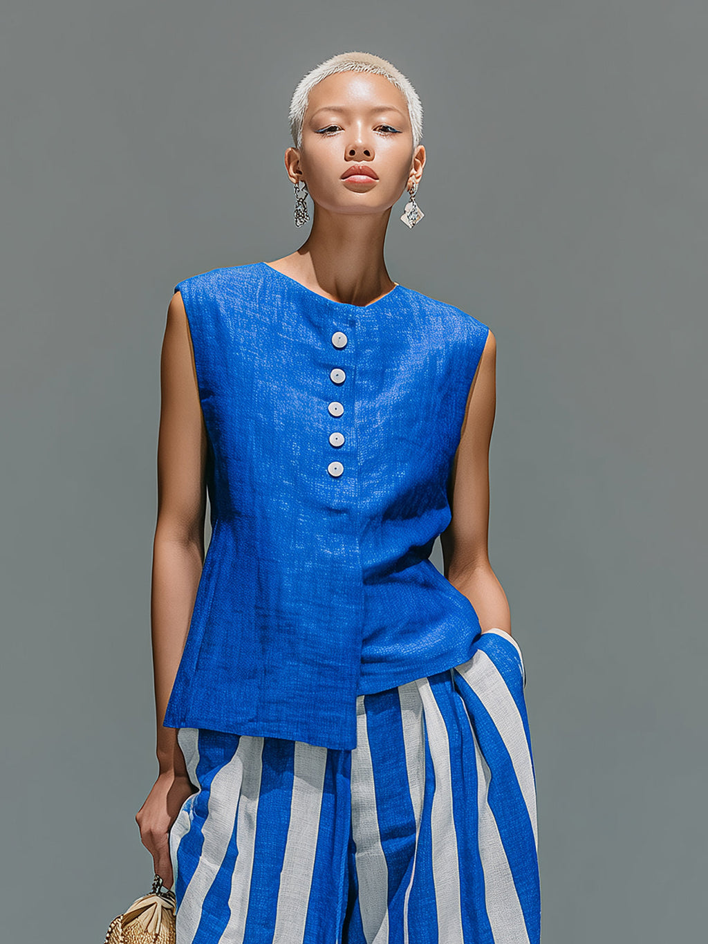 Chic Casual Royal Blue Cotton-Linen Blend Boat-Neck Sleeveless Single-Breasted Asymmetrical Hem Vest Top