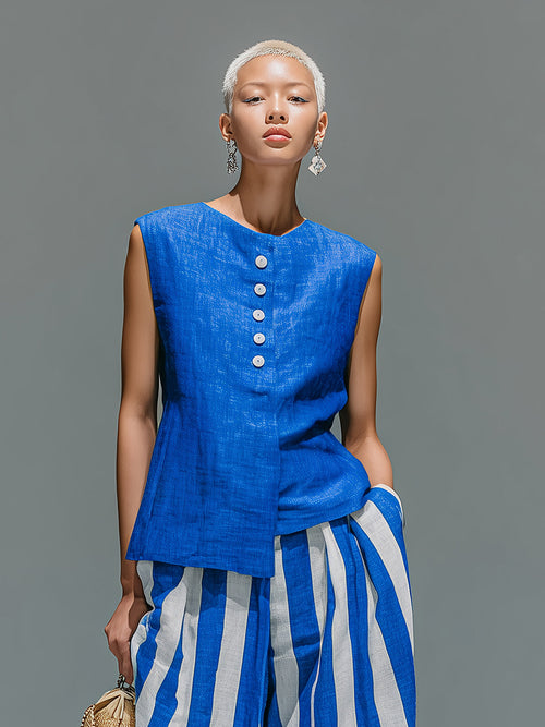 Chic Casual Royal Blue Cotton-Linen Blend Boat-Neck Sleeveless Single-Breasted Asymmetrical Hem Vest Top