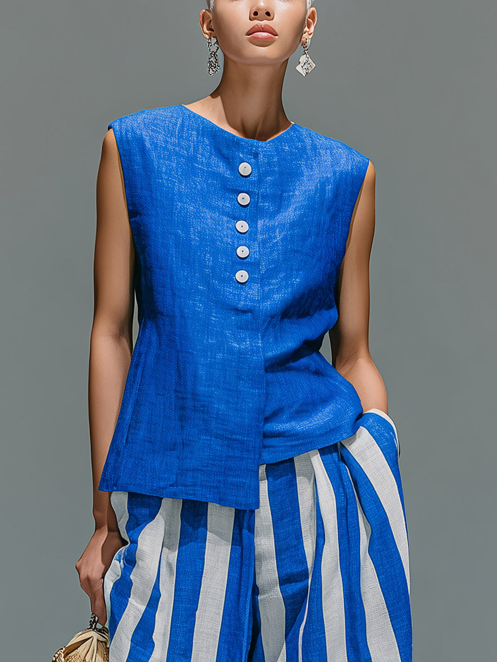 Chic Casual Royal Blue Cotton-Linen Blend Boat-Neck Sleeveless Single-Breasted Asymmetrical Hem Vest Top