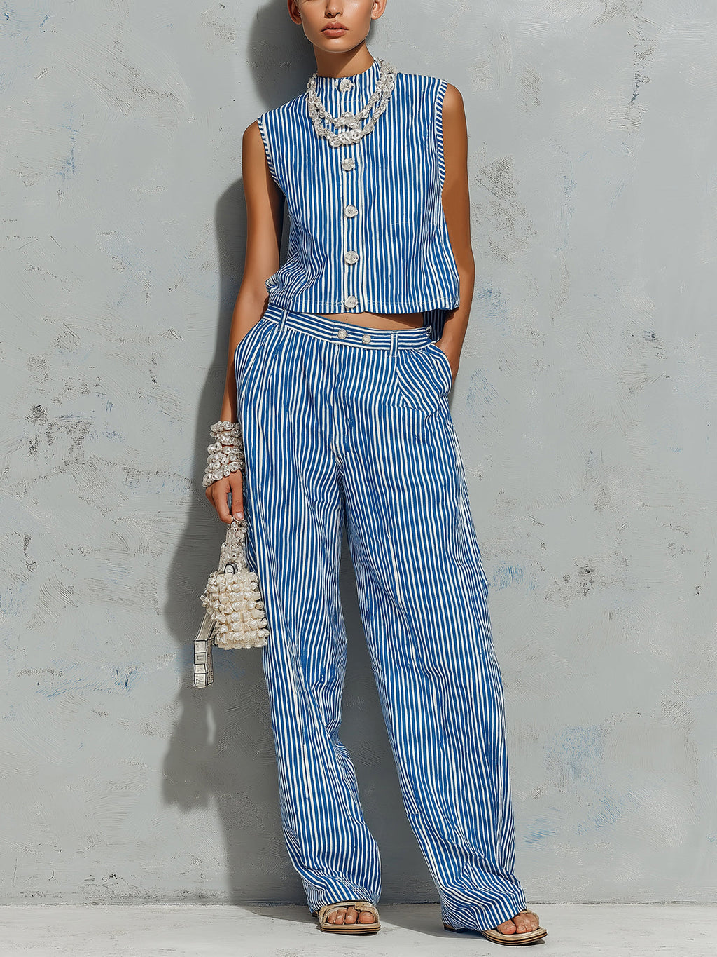 Chic Casual Blue-White Stripes Cotton-Linen Blend Round-Neck Sleeveless Single-Breasted Vest Straight Pants Loose-Fit Two-Piece Set