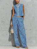 Chic Casual Blue-White Stripes Cotton-Linen Blend Round-Neck Sleeveless Single-Breasted Vest Straight Pants Loose-Fit Two-Piece Set