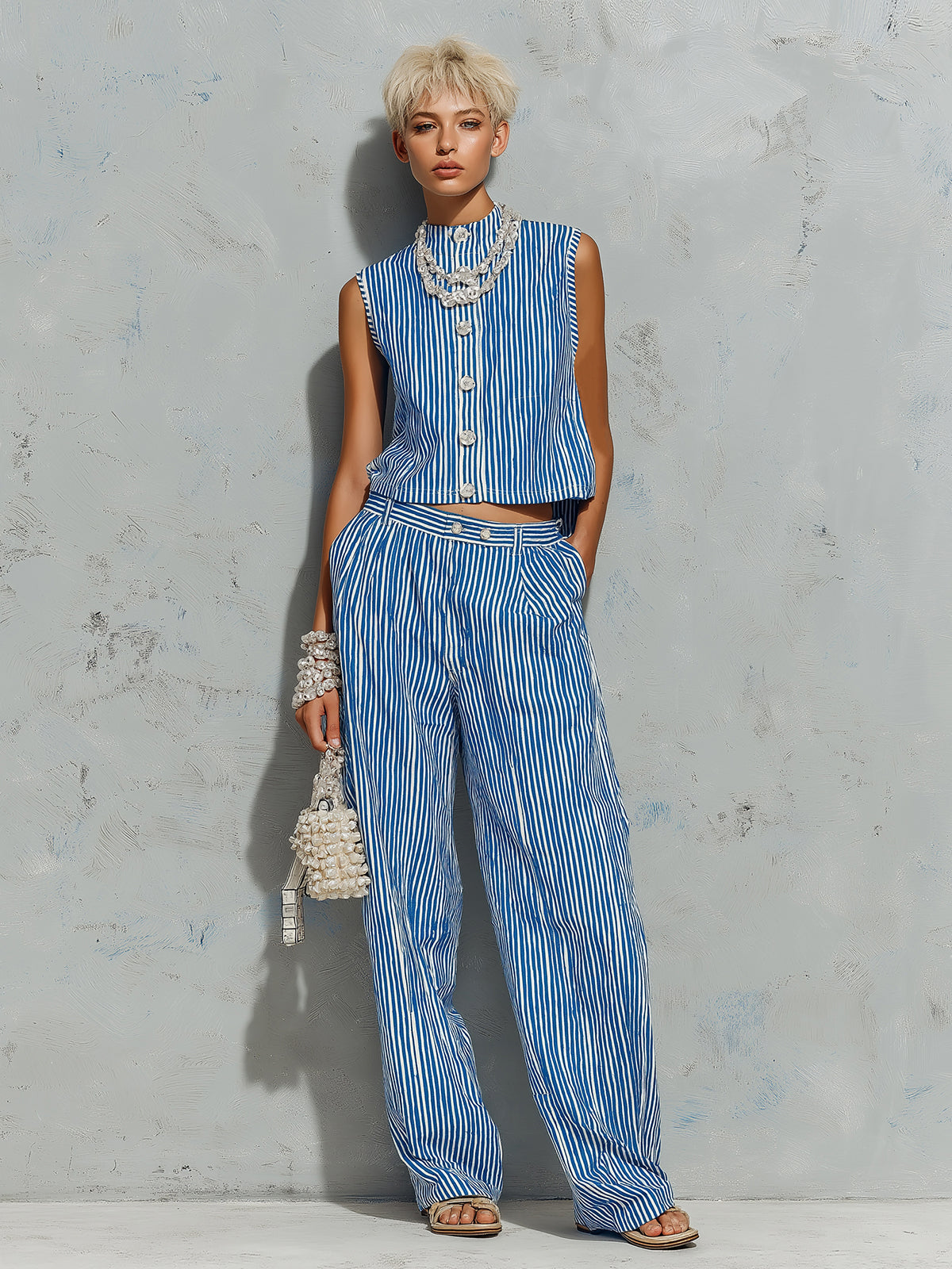 Chic Casual Blue-White Stripes Cotton-Linen Blend Round-Neck Sleeveless Single-Breasted Vest Straight Pants Loose-Fit Two-Piece Set