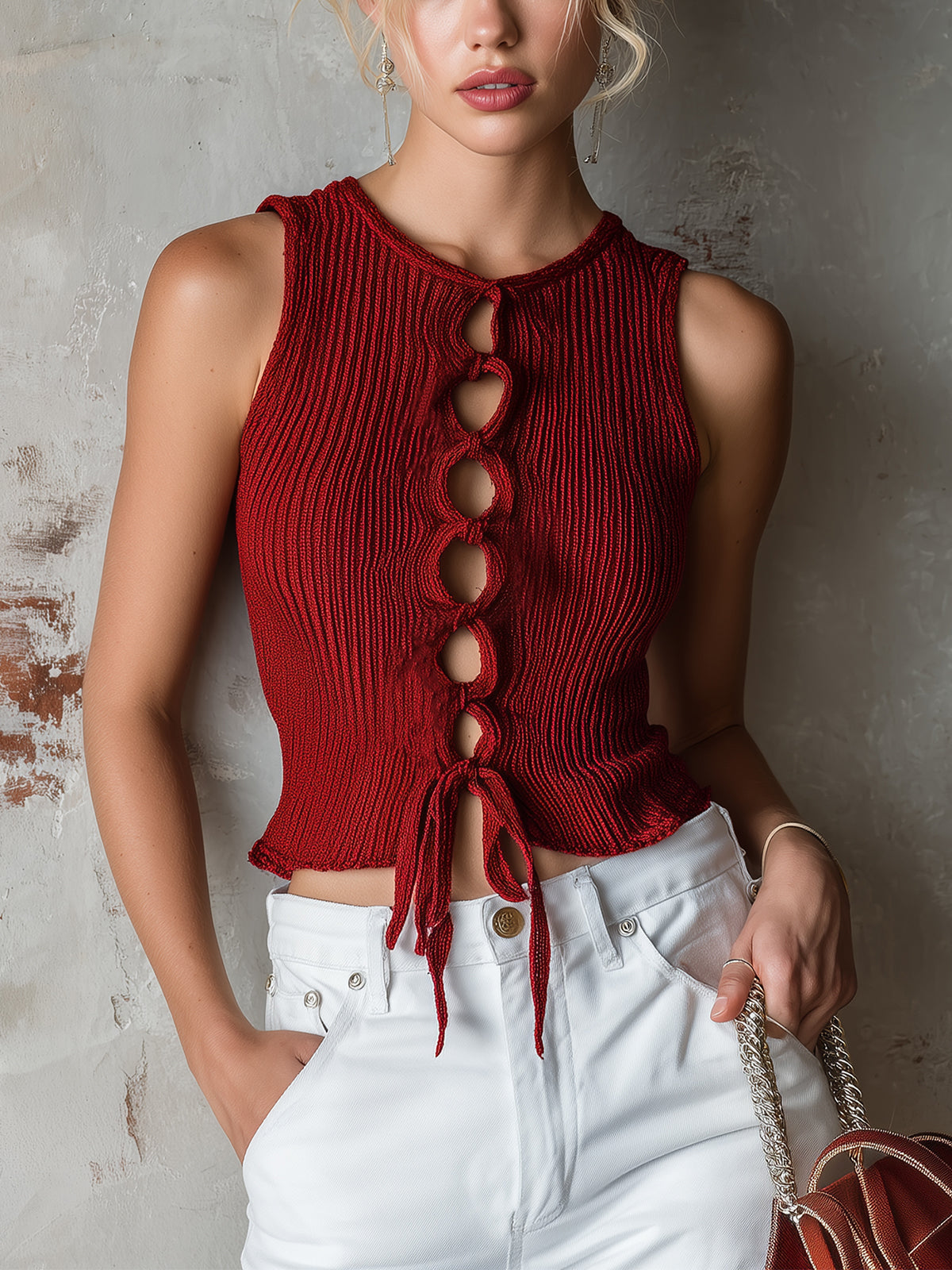 Chic Elegant Red Round-Neck Sleeveless Cutout Detail Slim-Fit Ribbed Knit Tank Top