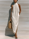 Chic Elegant White High-Neck Sleeveless Loose-Fit Side Slit Cotton-Linen Blend Holiday Maxi Dress