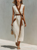 Chic Elegant Beige-Brown Colorblock Linen Blend Wrap V-Neck Sleeveless Belted Patch Pockets Loose-Fit Midi Dress