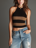 Chic Elegant Black-Camel Colorblock Halter Racerback Sleeveless Slim-Fit Ribbed Knit Tank Top