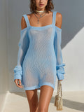 Chic Elegant Blue Square-Neck Long-Sleeve Shoulder-Cutout Loose-Fit Breathable Knit Mini Dress