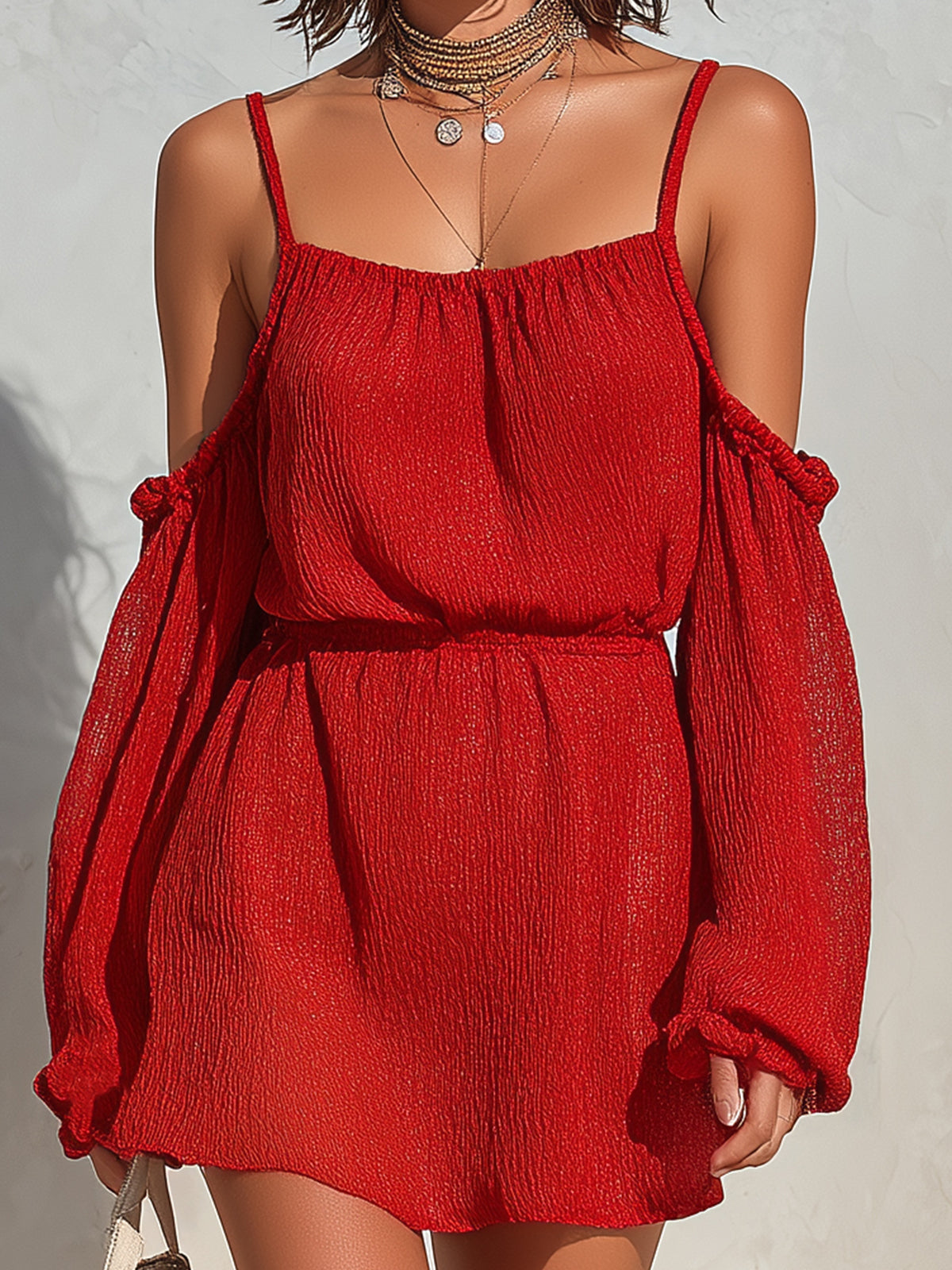 Chic Elegant Red Pleats Chiffon Square-Neck Long-Sleeve Shoulder-Cutout Elastic-Waist Mini Dress