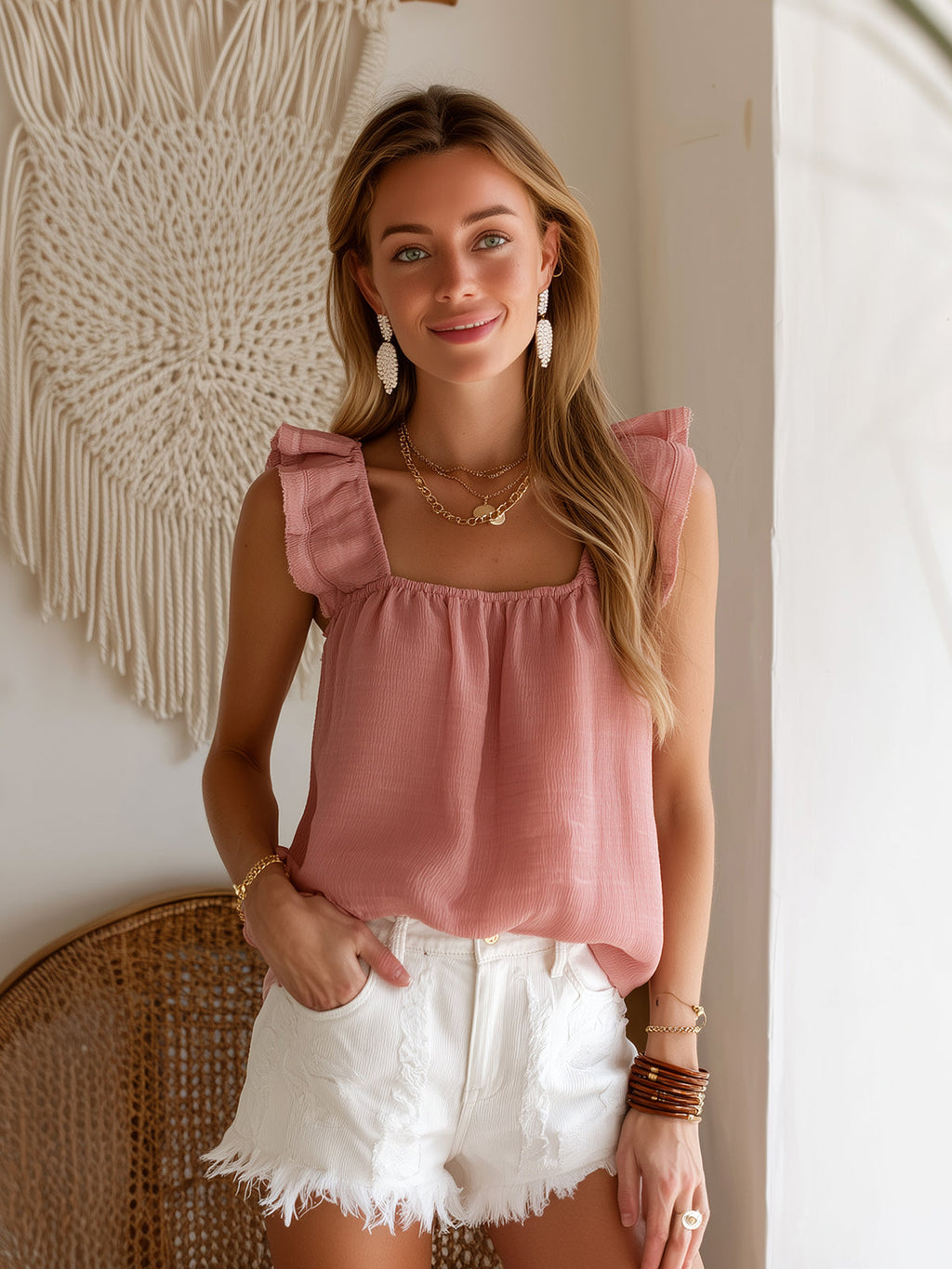Chic Elegant Pink Cotton-Linen Blend Square-Neck Sleeveless Ruffle Trim Detail Loose-Fit Tank Top