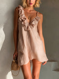 Chic Elegant Pink Cotton-Linen Blend Asymmetrical V-Neck Sleeveless Ruffle Detail A-Line Loose-Fit Mini Dress