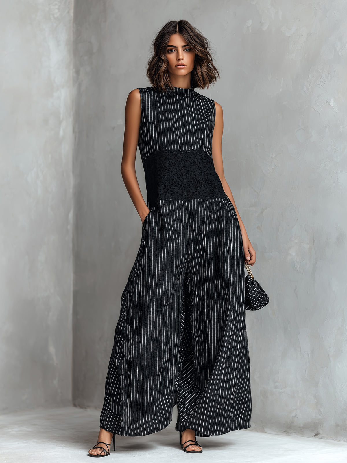 Chic Elegant Black Pinstripes Cotton-Linen Blend Round-Neck Sleeveless Lace Patch Detail Loose-Fit Wide-Leg Jumpsuit