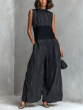 Chic Elegant Black Pinstripes Cotton-Linen Blend Round-Neck Sleeveless Lace Patch Detail Loose-Fit Wide-Leg Jumpsuit