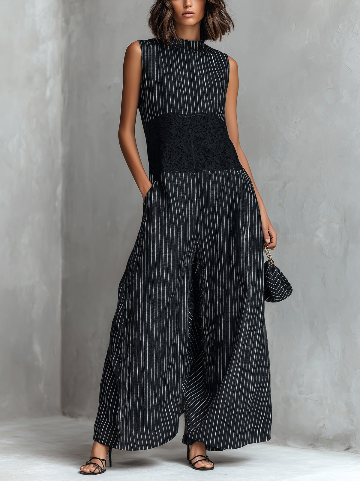 Chic Elegant Black Pinstripes Cotton-Linen Blend Round-Neck Sleeveless Lace Patch Detail Loose-Fit Wide-Leg Jumpsuit