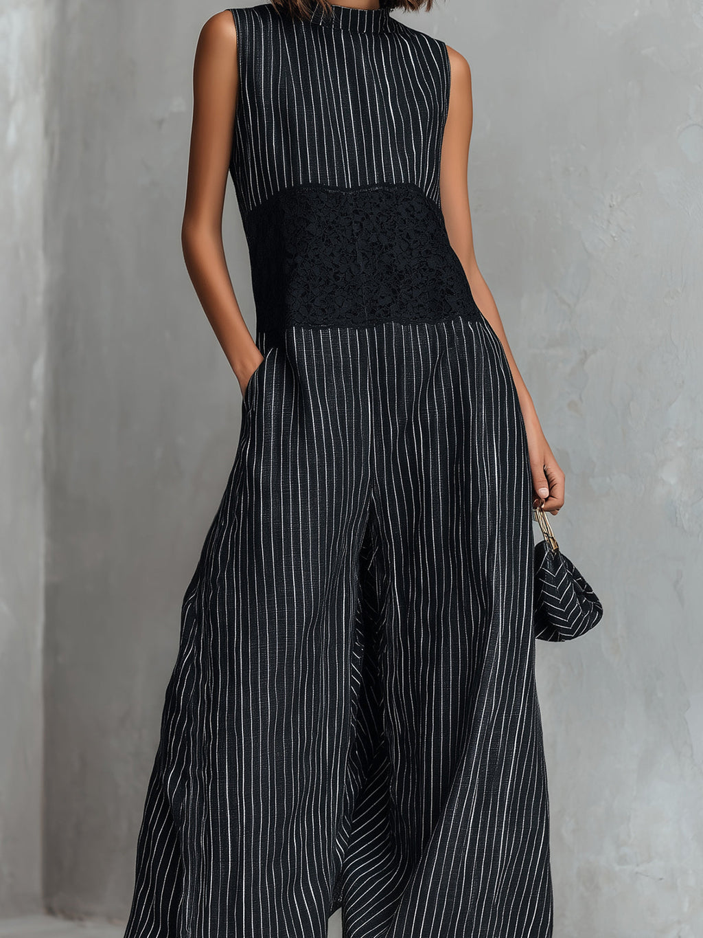 Chic Elegant Black Pinstripes Cotton-Linen Blend Round-Neck Sleeveless Lace Patch Detail Loose-Fit Wide-Leg Jumpsuit