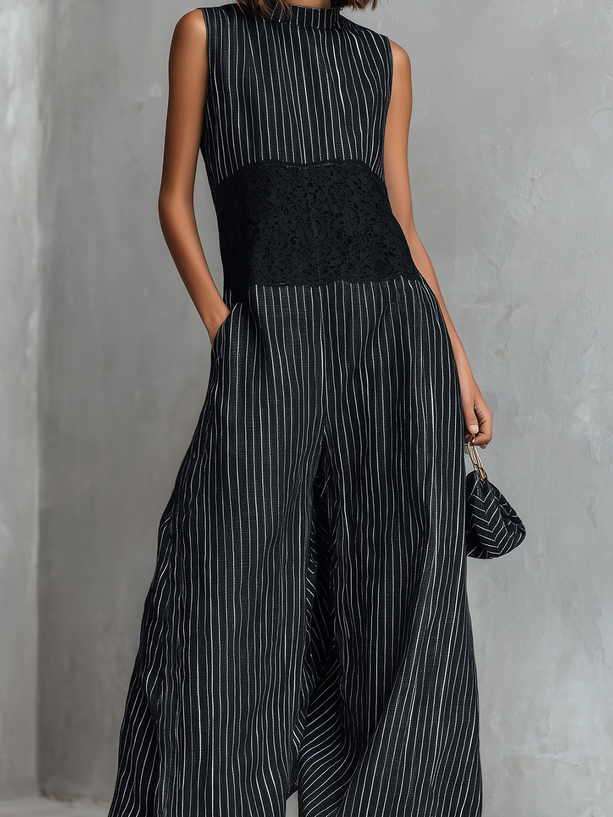 Chic Elegant Black Pinstripes Cotton-Linen Blend Round-Neck Sleeveless Lace Patch Detail Loose-Fit Wide-Leg Jumpsuit