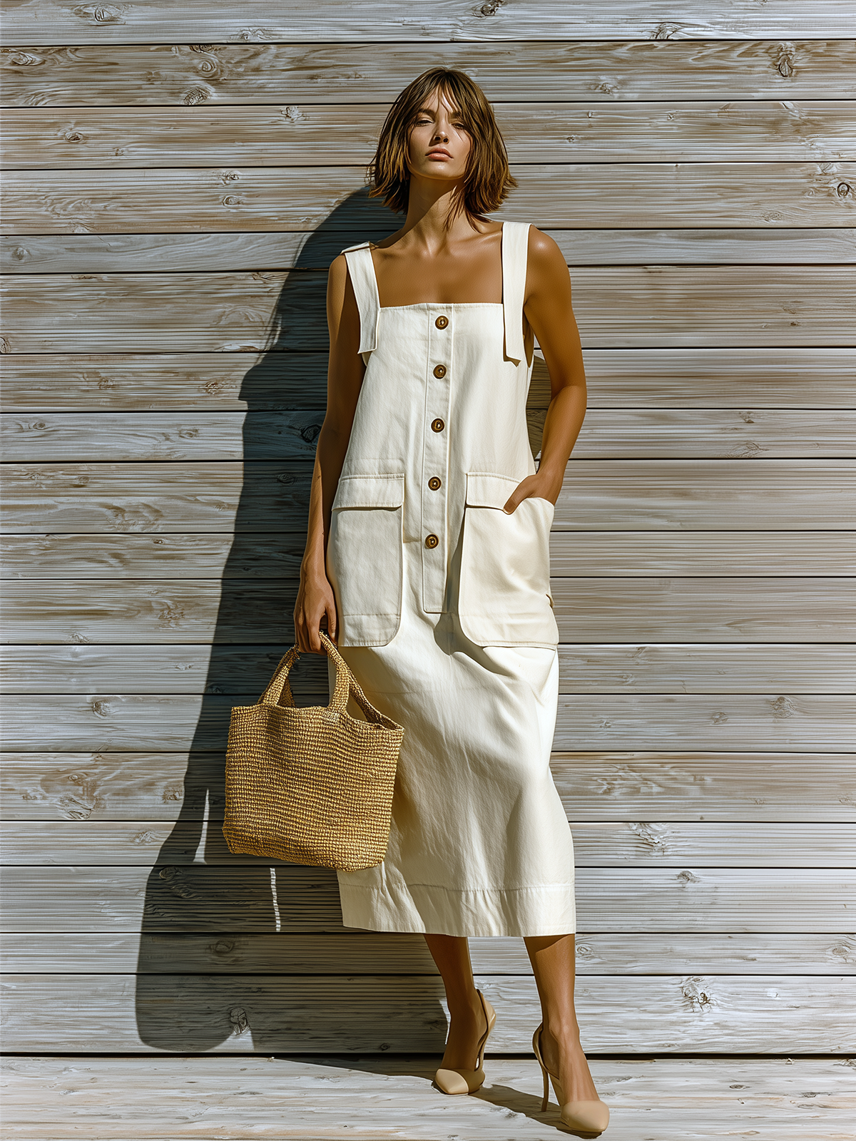 Chic Casual White Cotton Blend Strappy Button-Up Sleeveless Pockets-Detail Loose-Fit Midi Dress