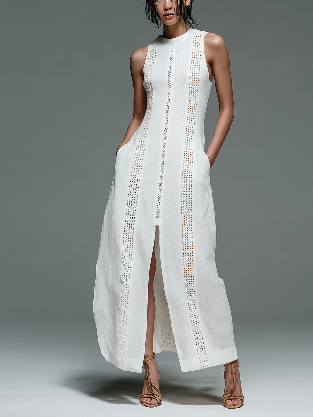 Chic Casual White Cotton-Linen Blend Round-Neck Sleeveless Cutout Details Front Slit Loose-Fit Maxi  Dress
