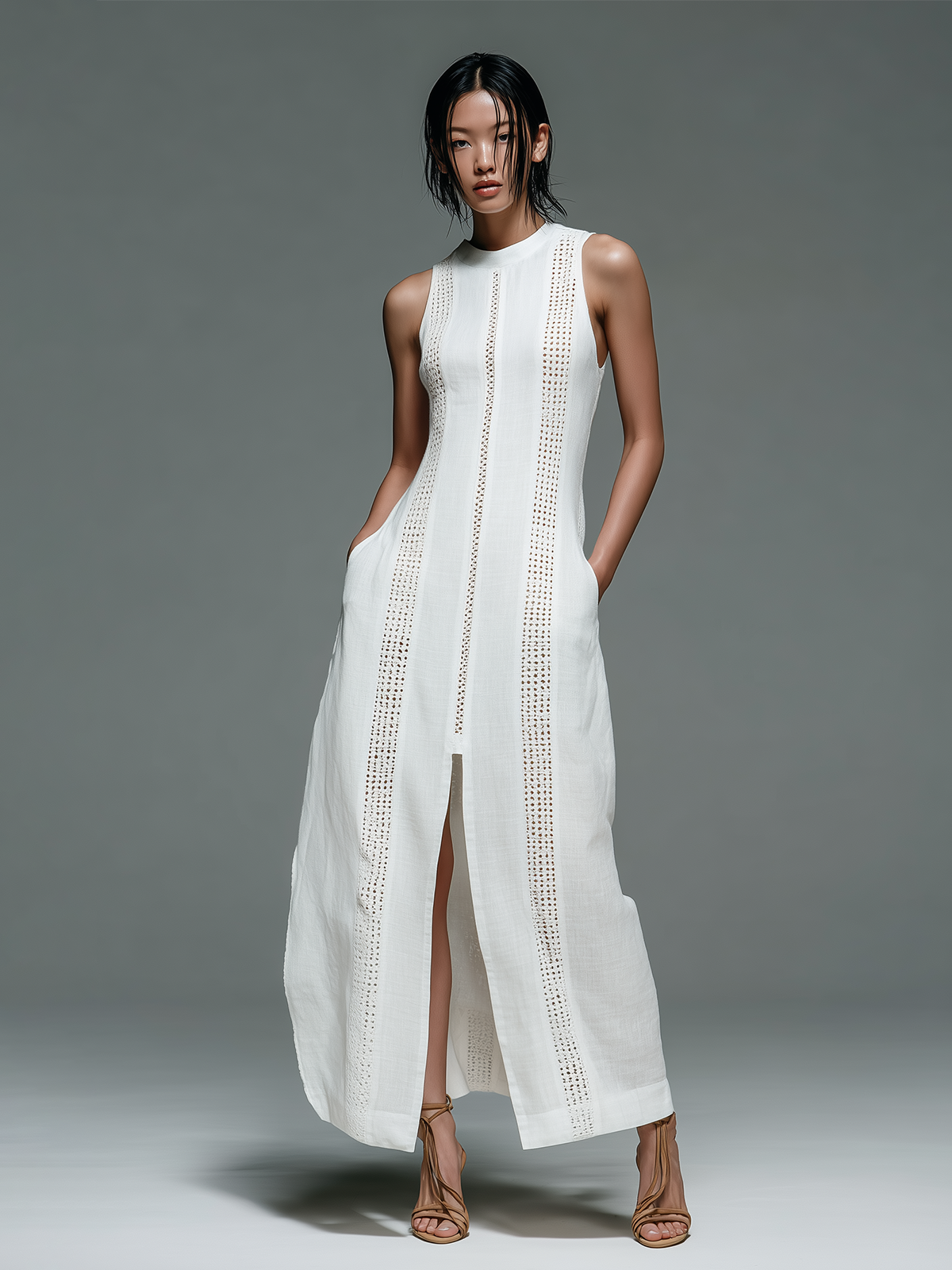 Chic Casual White Cotton-Linen Blend Round-Neck Sleeveless Cutout Details Front Slit Loose-Fit Maxi  Dress