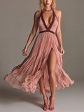 Chic Elegant Dusty Pink Colorblock Halter V-Neck Sleeveless Elastic-Waist A-line Crinkled Chiffon Midi Dress