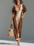 Chic Casual Beige -Brown Colorblock Cotton-Linen Blend  V-Neck Lantern Sleeve High-Waisted Straight -Leg Jumpsuit