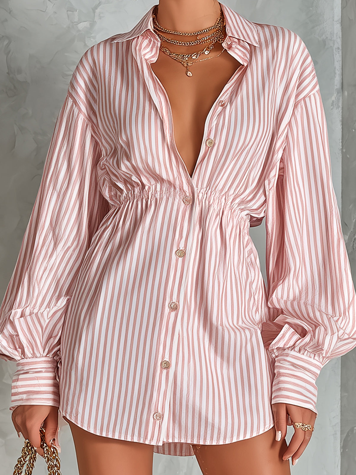 Chic Elegant Pink-White Stripes Cotton-Linen Blend Lapel-Collar Single-Breasted Long-Sleeve Elastic-Waist Loose-Fit Mini Dress