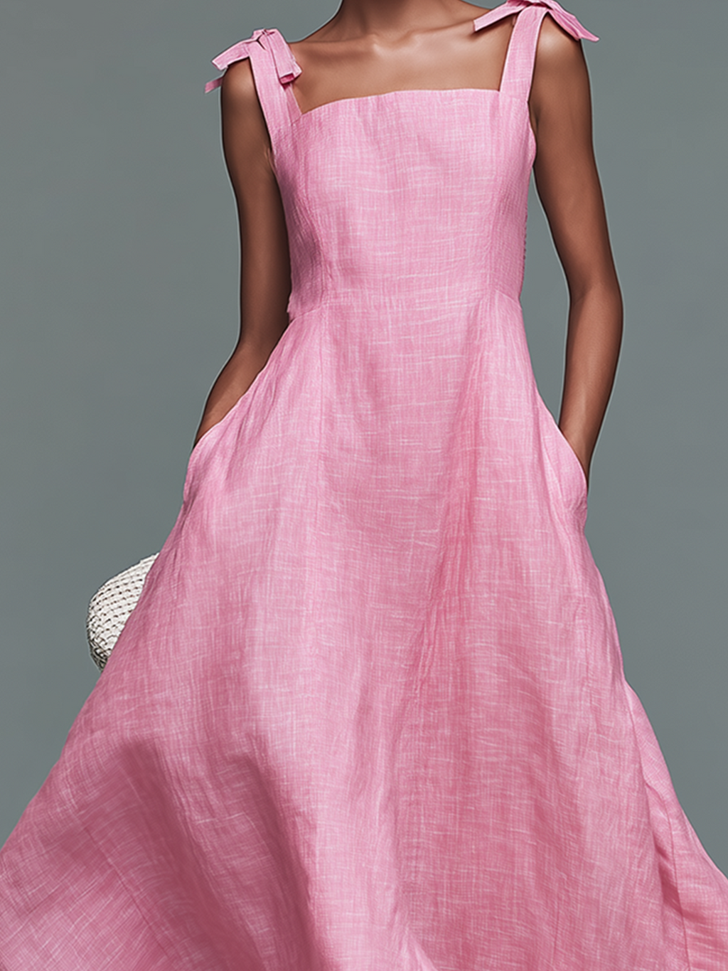 Chic  Elegant Pink Square-Neck Tie-Strap Sleeveless Loose-Fit A-line Cotton Blend Maxi Dress