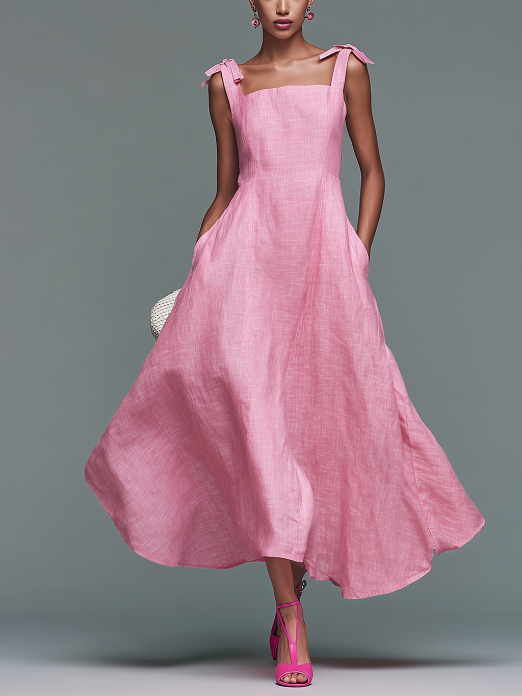 Chic  Elegant Pink Square-Neck Tie-Strap Sleeveless Loose-Fit A-line Cotton Blend Maxi Dress