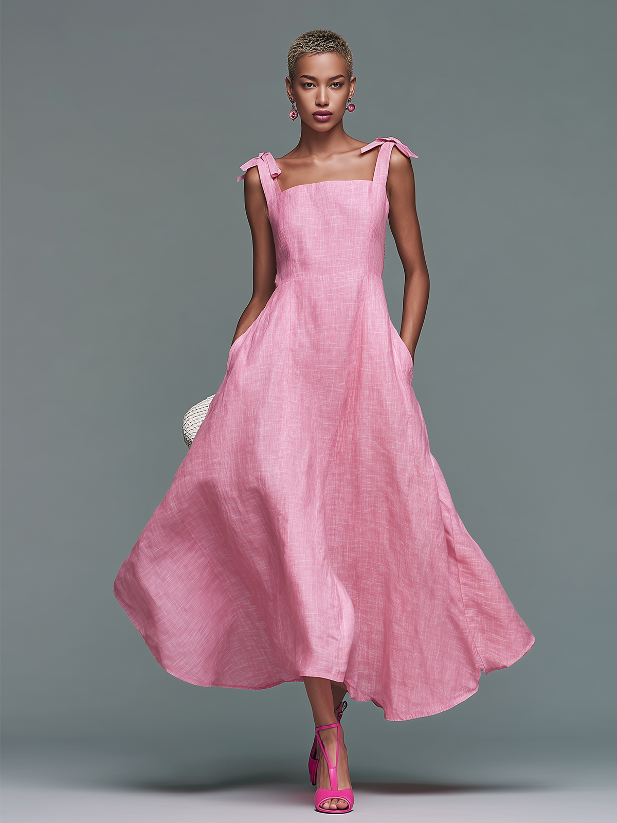 Chic  Elegant Pink Square-Neck Tie-Strap Sleeveless Loose-Fit A-line Cotton Blend Maxi Dress
