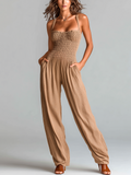 Chic Elegant Camel Strappy Square-Neck Sleeveless Smocked Tailored-Waist Wide-Leg Cotton Blend Jumpsuit