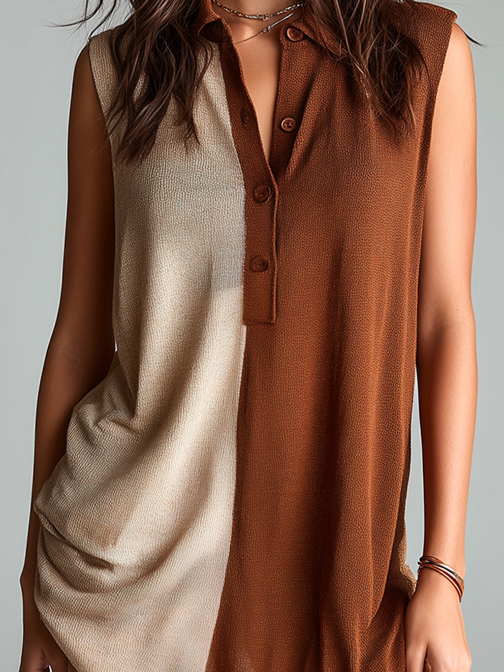 Chic Casual Beige -Brown Colorblock Lapel Collar Button-Up Sleeveless Loose-Fit Knit Mini Dress