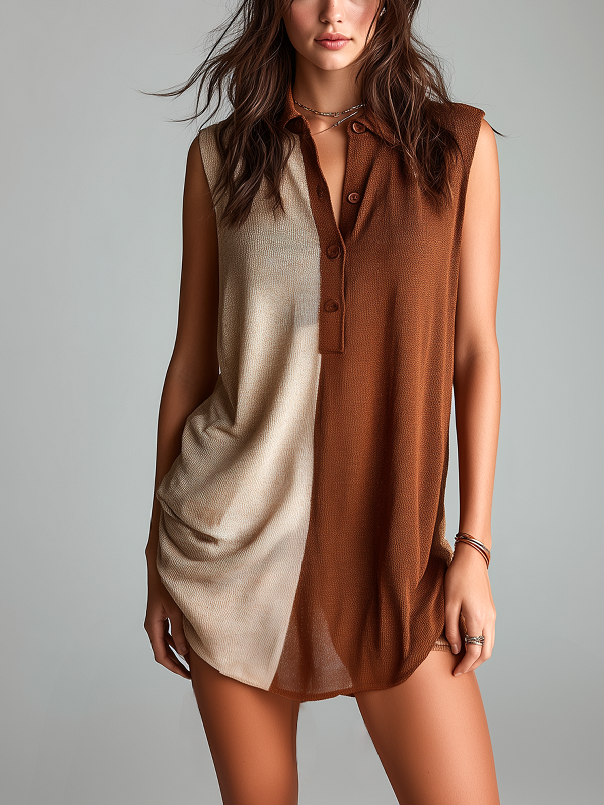 Chic Casual Beige -Brown Colorblock Lapel Collar Button-Up Sleeveless Loose-Fit Knit Mini Dress