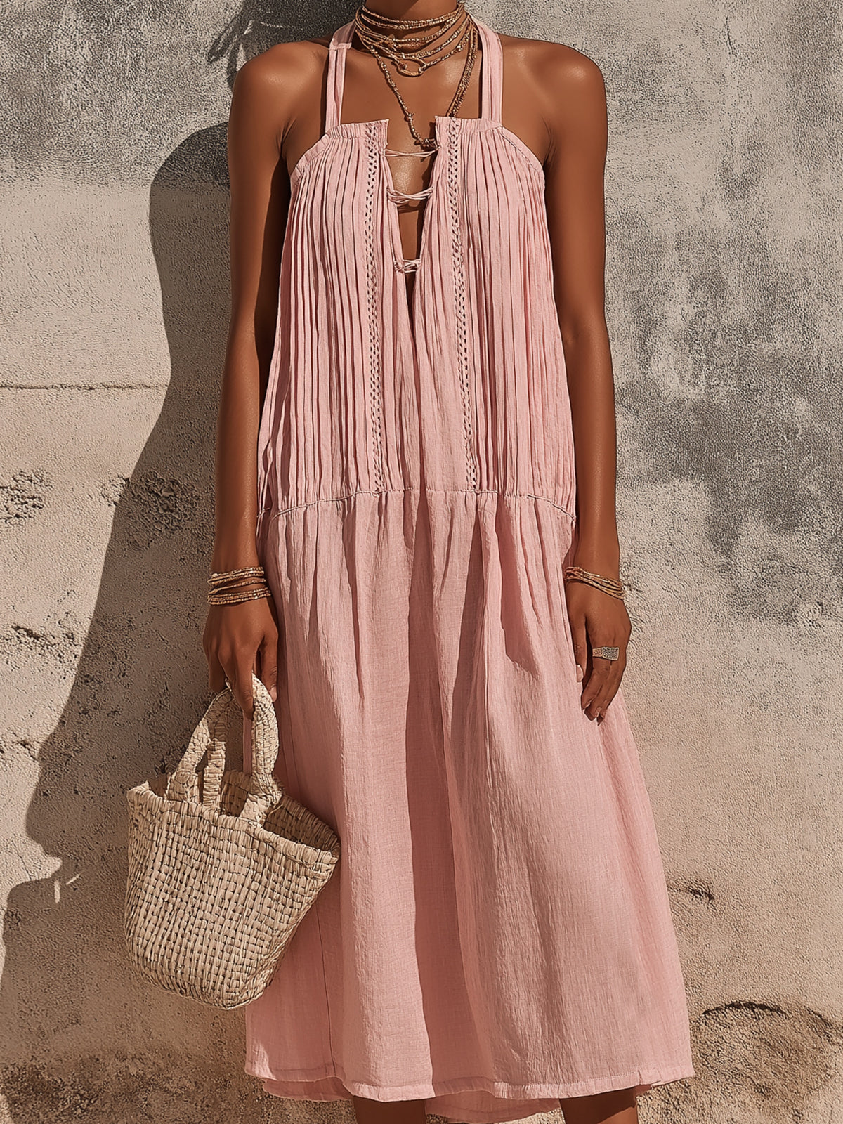 Chic Elegant Pink Cotton-Linen Blend Halter V-Neck Sleeveless Pleats Detail A-Line Loose-Fit Midi Dress