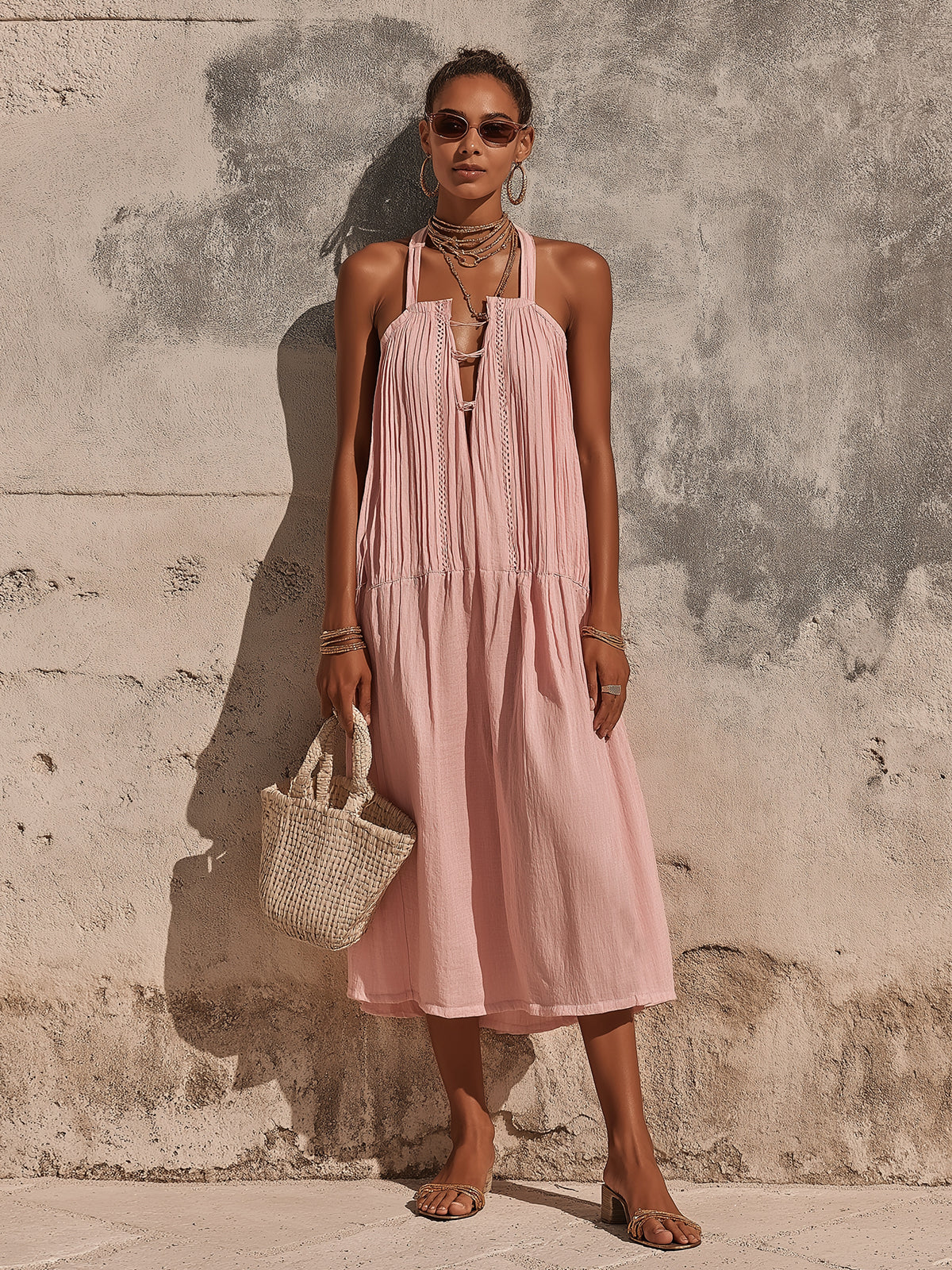 Chic Elegant Pink Cotton-Linen Blend Halter V-Neck Sleeveless Pleats Detail A-Line Loose-Fit Midi Dress