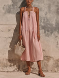 Chic Elegant Pink Cotton-Linen Blend Halter V-Neck Sleeveless Pleats Detail A-Line Loose-Fit Midi Dress
