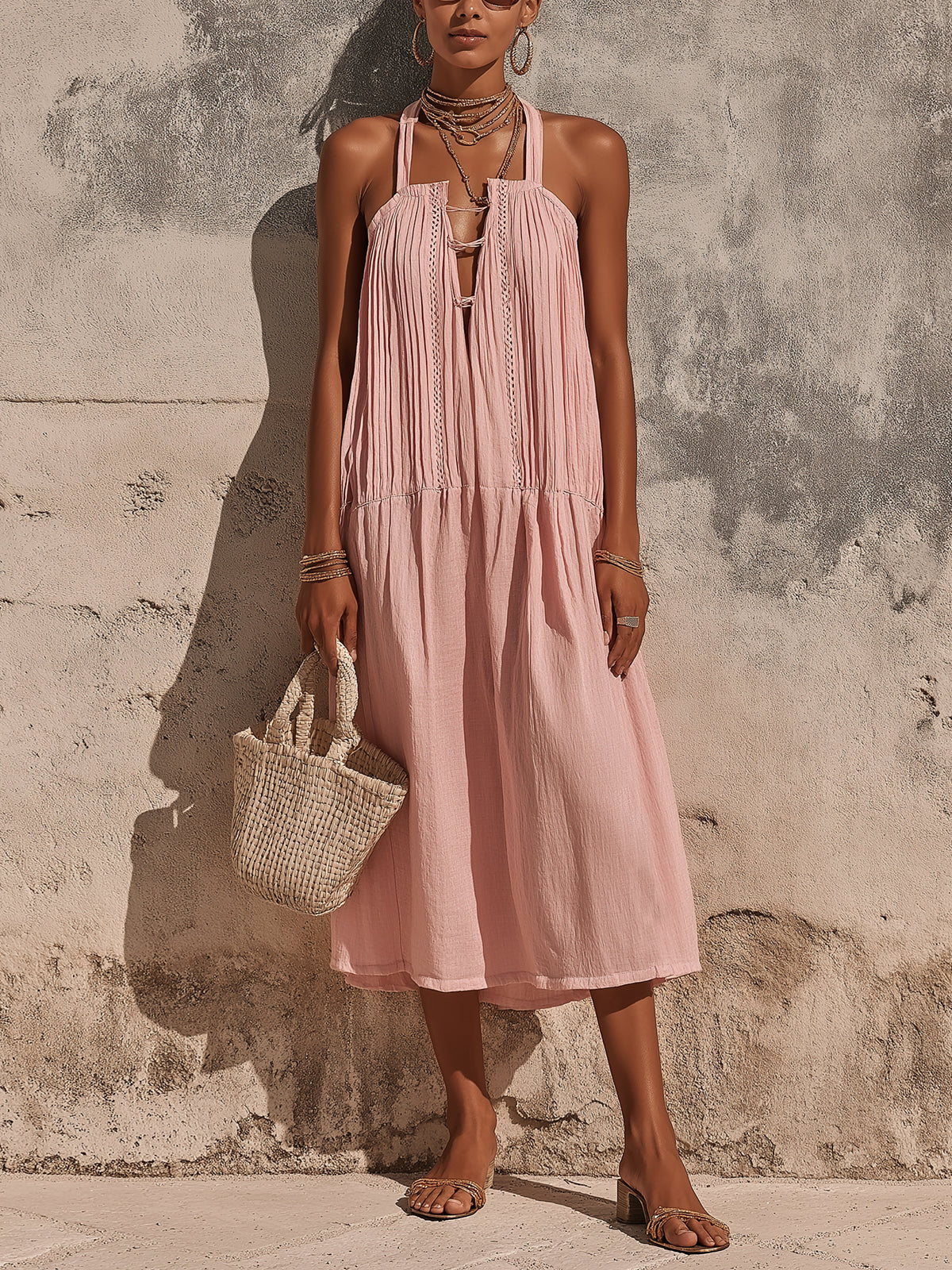 Chic Elegant Pink Cotton-Linen Blend Halter V-Neck Sleeveless Pleats Detail A-Line Loose-Fit Midi Dress