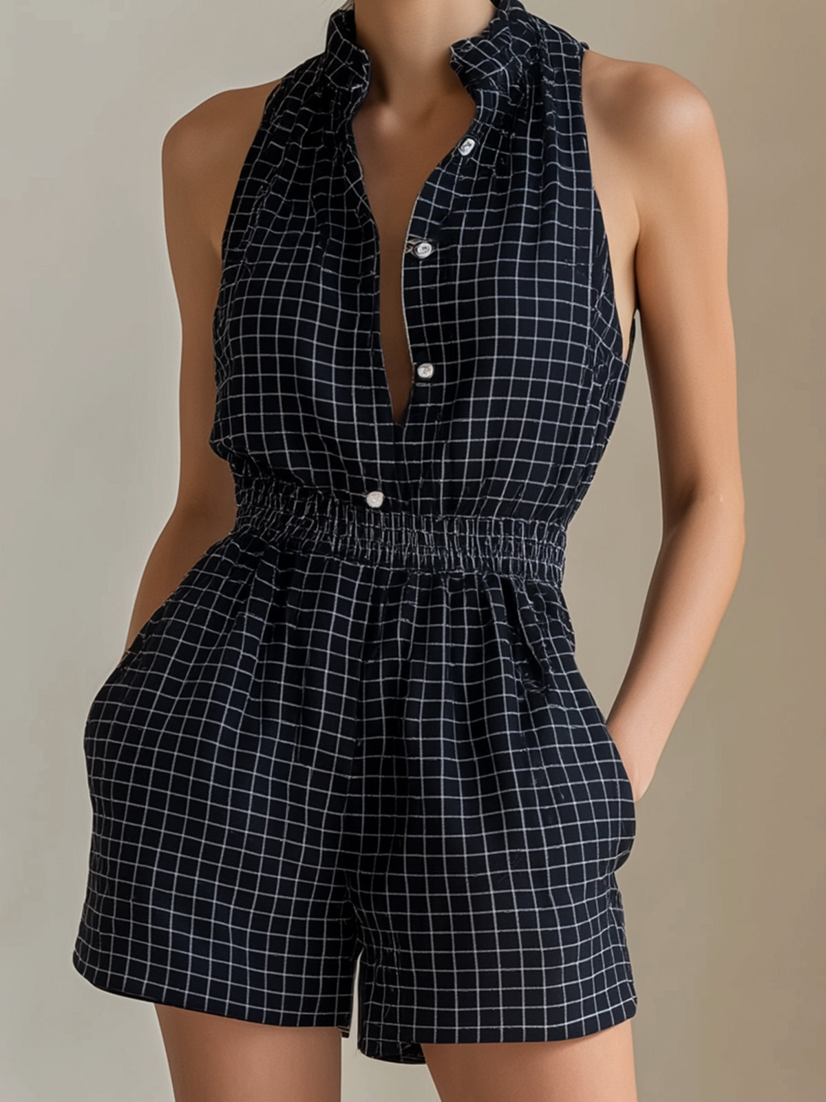 Chic Casual Black Plaids Cotton-Linen Blend Button-Up Round-Neck Sleeveless Elastic-Waist Loose-Fit Romper