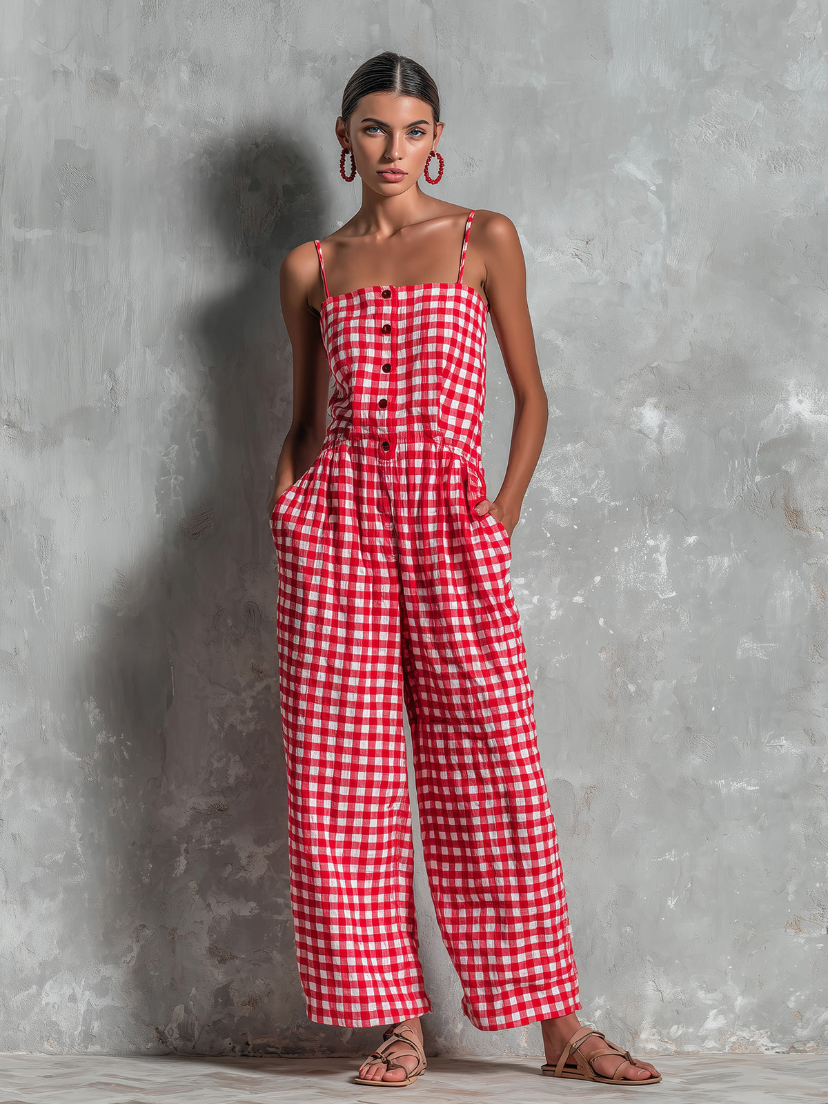 Chic Casual Red-White Plaids Cotton-Linen Blend Spaghetti-Strap Square-Neck Sleeveless Button-Front Loose-Fit Jumpsuit