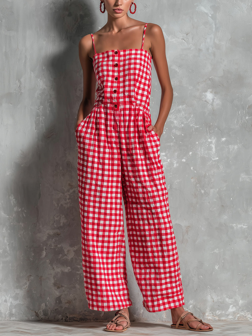 Chic Casual Red-White Plaids Cotton-Linen Blend Spaghetti-Strap Square-Neck Sleeveless Button-Front Loose-Fit Jumpsuit